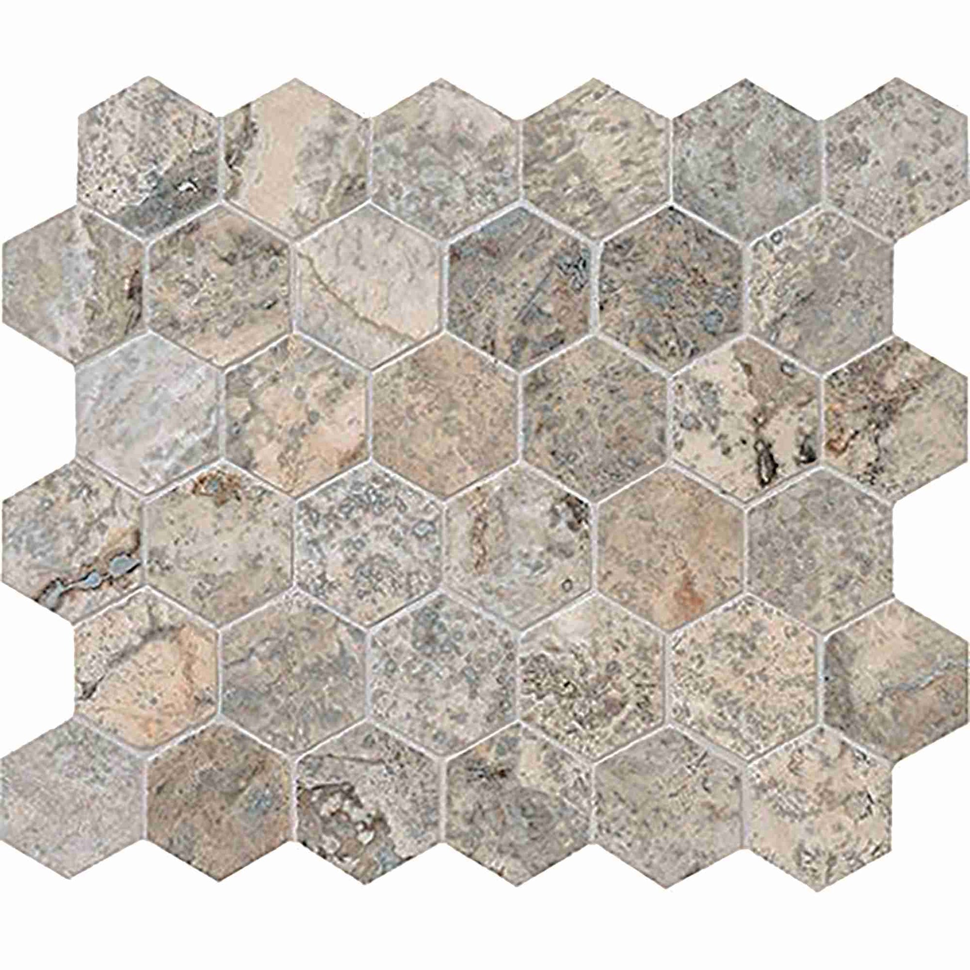 Silver Travertine Tumbled Hexagon Mosaic Tile 2x2"