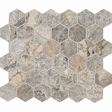 Azulejo de mosaico hexagonal de travertino plateado de 2x2