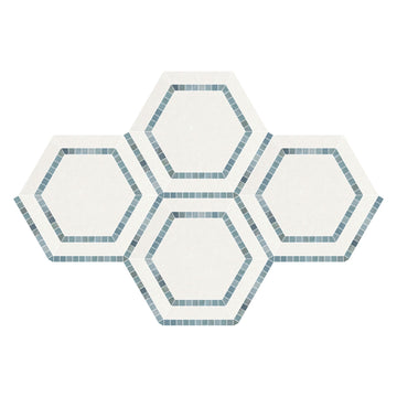 Combinación de hexágono pulido blanco Thassos con azul - Azulejo de mosaico gris 5x5