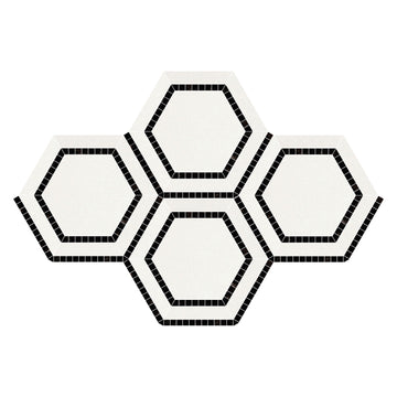 Combinación de hexágono blanco de Thassos con azulejo de mosaico negro de 5x5