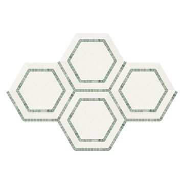 Combinación de hexágono blanco Thassos con Ming - Azulejo de mosaico verde 5x5