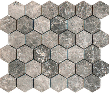 Azulejo de mosaico hexagonal de mármol gris Tundra 2x2