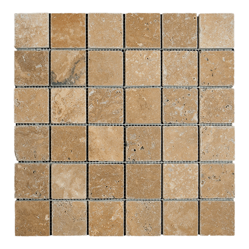 Walnut Travertine Tumbled Square Mosaic Tile 2x2"