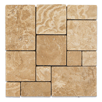 Walnut Travertine Tumbled 4 pcs. Mini Pattern Mosaic Tile