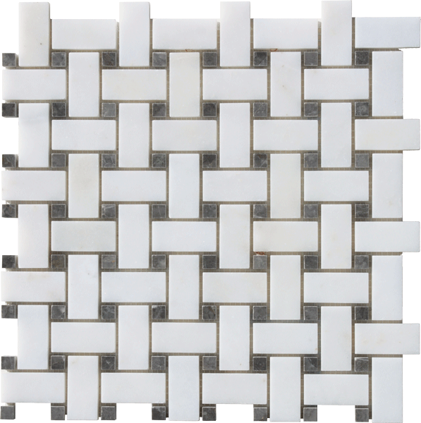 Afyon White Polished Basketweave with Black Dots Mosaic Tile