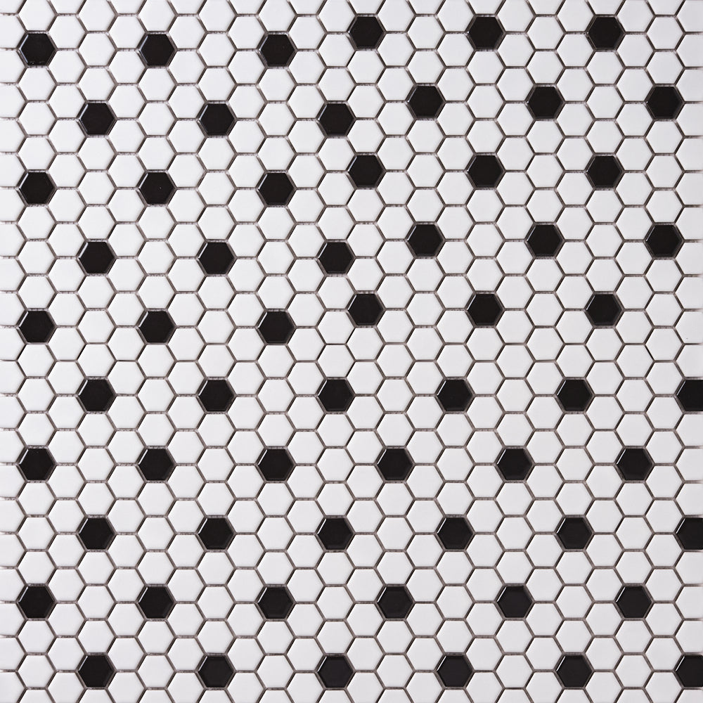Italian White Hexagon w / Black Dots Matte Honed Backsplash Mosaic Tile   1"
