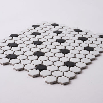 Azulejo de mosaico de hexágono blanco italiano con puntos negros, pulido mate, protector contra salpicaduras, 1"