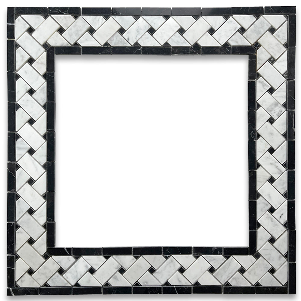 Carrara White 4 3/4" X 12" Basketweave Border Black Dots Polished