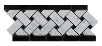Carrara Italian White Basketweave with Black Dots Border Tile  4 3/4
