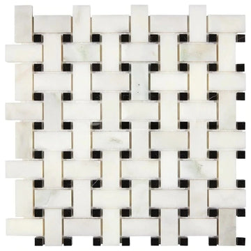 Mosaico de mármol Calacatta Oliva - Mosaico de tejido de cesta con negro