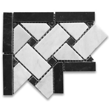 Tejido de cestería blanco italiano de Carrara con mosaico de borde de esquina negro 